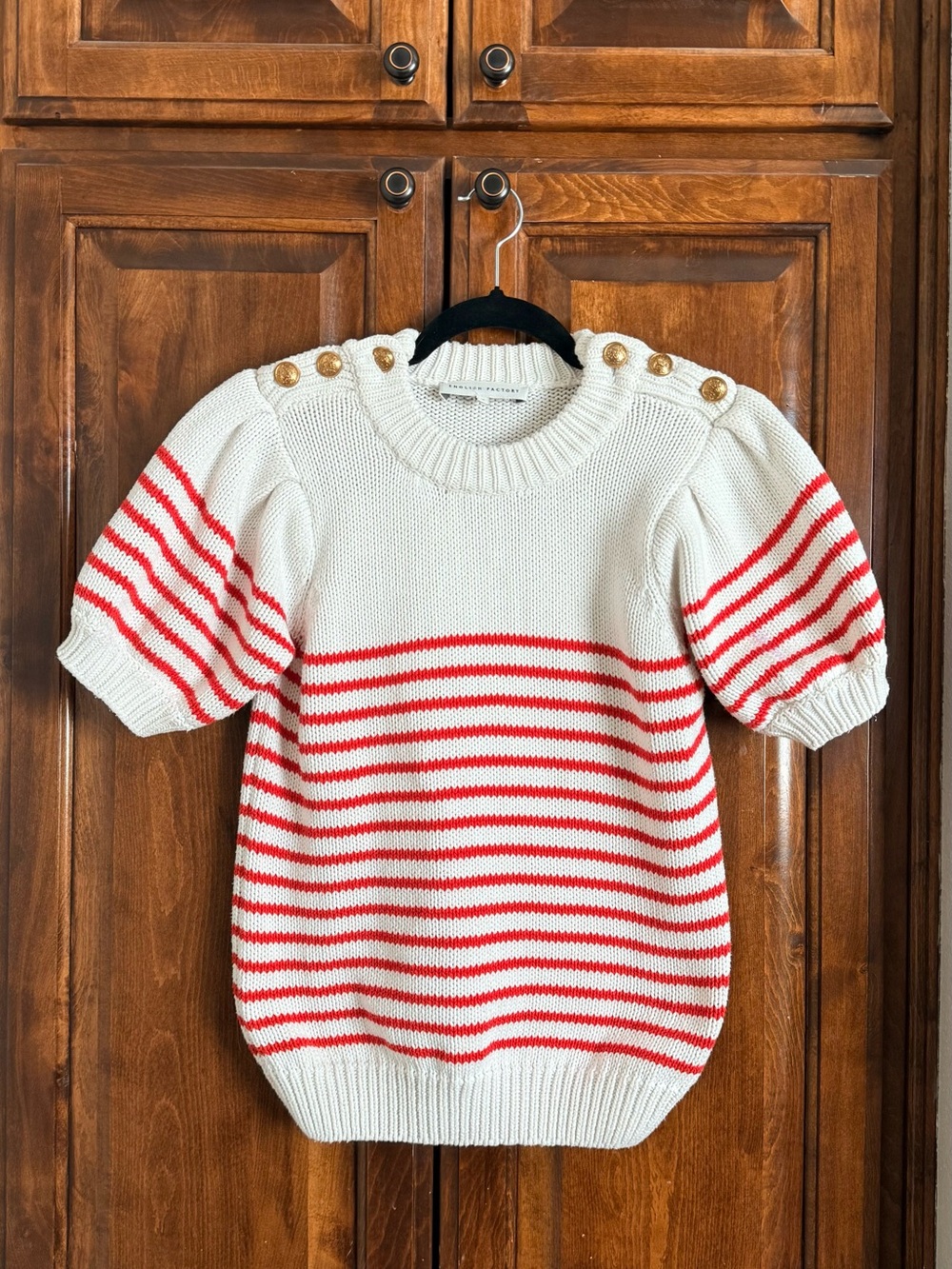 Striped Puff Sleeve Sweater with Gold Button Detail